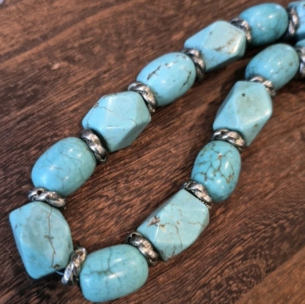 Vtg Chunky Turquoise Nugget Necklace Non-magnetic Silver Tone Spacers - Picture 5 of 10